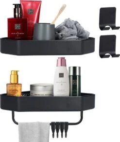 ACE Goods® Doucherek Zwart Hangend – Badkamerrek – Doucherek 2 Laags – Badkamerrekje Hoekrek Douche – Inclusief Haakjes
