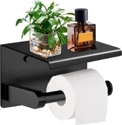 Toiletrolhouder - Wc Rol Houder Met Plankje - Inclusief Haakje - RVS - Waterbestendig - Zwart - Rheme -Badkamer Accessoires Winkel 1166x1200