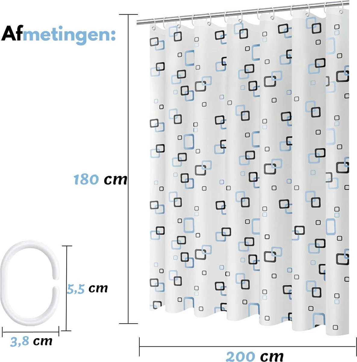 VAIVE Douchegordijn Blauw 180x200 - Anti Schimmel - Douchegordijnen - Ringen 6 VAIVE Douchegordijn Blauw 180x200 - Anti Schimmel - Douchegordijnen - Ringen - Afbeelding 4