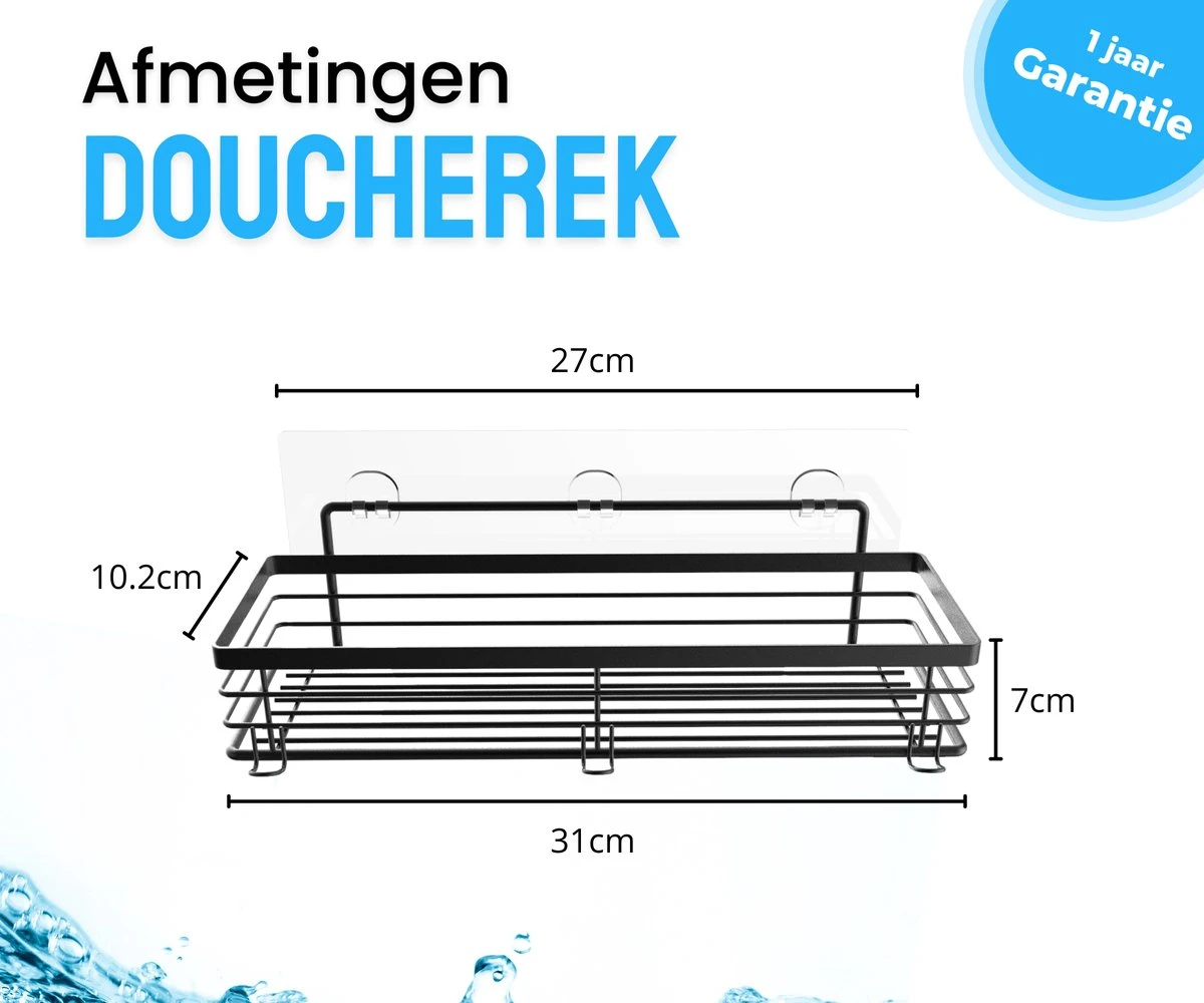 RVS Doucherek Zelfklevend Zonder Boren Zwart - Douchemandje Met 15KG Draagvermogen - Planchet Badkamerrek - Shower Rack - 31x10cm 5 RVS Doucherek Zelfklevend Zonder Boren Zwart - Douchemandje Met 15KG Draagvermogen - Planchet Badkamerrek - Shower Rack - 31x10cm - Afbeelding 3