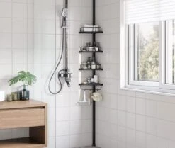 Verstelbaar Doucherek - 85-305 Cm - Van Vloer Tot Plafond - Met 4 Vakken - 3 Haken - Zwart -Badkamer Accessoires Winkel 1200x1017