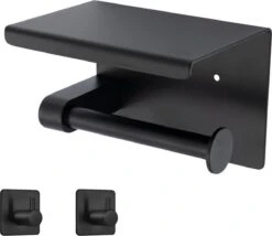 Toiletrolhouder Met Plankje - Zelfklevend Of Boren - WC Rolhouder - Incl. Handdoekhaakjes - Zwart -Badkamer Accessoires Winkel 1200x1041