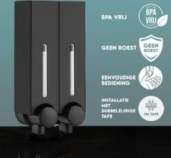 Aquathof, Zeepdispenser, Mat Zwart, 2 Kamer, 2 Reservoirs, 2x250ml - Hangend - Wandmontage -Badkamer Accessoires Winkel 1200x1112 2