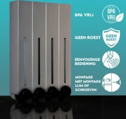 Aquathof, Zeepdispenser, RVS Kleur, 4 Kamer, 4 Reservoirs, 4x500ml, Hangend - Wandmontage -Badkamer Accessoires Winkel 1200x1133 3