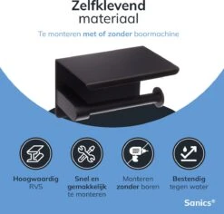 Sanics WC Rolhouder Zwart – Toiletrolhouder Zonder Boren – Met Plankje - Zelfklevend - RVS -Badkamer Accessoires Winkel 1200x1148