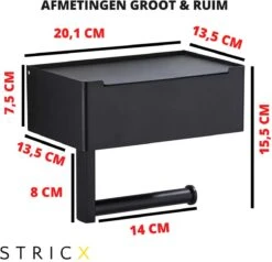 STRICX Toiletrolhouder - Zwart - Zonder Boren - Toilet Rol Houder Tissuebox - Zelfklevend - WC Rolhouder Met Opbergvak Voor Babydoekjes - Met Plankje - Toiletaccessoires -Badkamer Accessoires Winkel 1200x1158 2