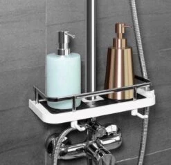 Merkloos Doucherek Zonder Boren –Douchemand- Badkamerrek-Doucheplank- Badkamer Organiser- Doucherek Hangend-Doucherek Zwart – Doucherek Hangend – Badkamer Organizer – Douche Organizer - Doucherekje - Doucherekje Zonder Boren-Zilver-Zwart-Wit -Badkamer Accessoires Winkel 1200x1163 5