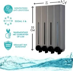 Aquathof, Zeepdispenser, RVS Kleur, 4 Kamer, 4 Reservoirs, 4x500ml, Hangend - Wandmontage -Badkamer Accessoires Winkel 1200x1163 6