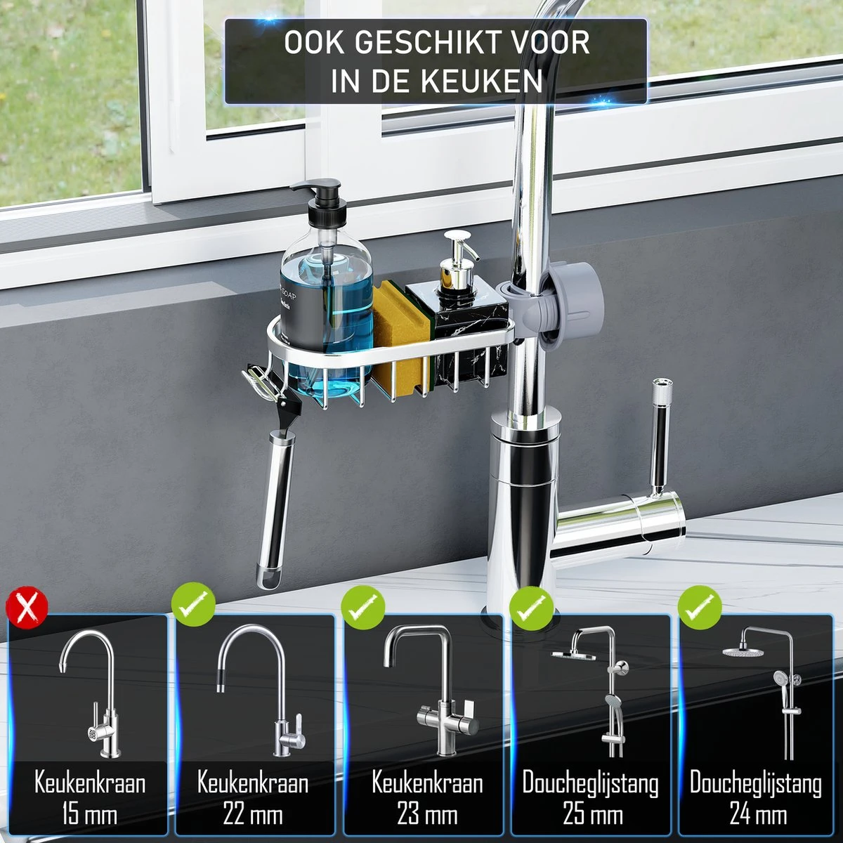 Nolad® - Doucherek Hangend - Doucherek Zonder Boren - Keukenrek - Gootsteen Organizer - Badkamer Accessoires - Zilver 5 Nolad® - Doucherek Hangend - Doucherek Zonder Boren - Keukenrek - Gootsteen Organizer - Badkamer Accessoires - Zilver - Afbeelding 3