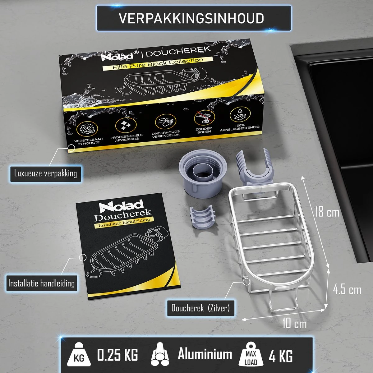 Nolad® - Doucherek Hangend - Doucherek Zonder Boren - Keukenrek - Gootsteen Organizer - Badkamer Accessoires - Zilver 7 Nolad® - Doucherek Hangend - Doucherek Zonder Boren - Keukenrek - Gootsteen Organizer - Badkamer Accessoires - Zilver - Afbeelding 5