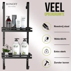 Bonoff Doucherek Zwart – 2 Laags - Doucherek Zonder Boren - Zwart – Doucherek Hangend - Badkamerrek –RVS – Badkamer Accessoires – Stijlvol -Badkamer Accessoires Winkel 1200x1200 1126