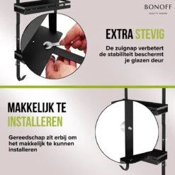 Bonoff Doucherek Zwart – 2 Laags - Doucherek Zonder Boren - Zwart – Doucherek Hangend - Badkamerrek –RVS – Badkamer Accessoires – Stijlvol -Badkamer Accessoires Winkel 1200x1200 1127