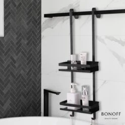Bonoff Doucherek Zwart – 2 Laags - Doucherek Zonder Boren - Zwart – Doucherek Hangend - Badkamerrek –RVS – Badkamer Accessoires – Stijlvol -Badkamer Accessoires Winkel 1200x1200 1130