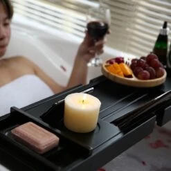 Merkloos Decopatent® Badplank - Uitschuifbaar 75 -> 110 Cm - Verstelbaar Bamboe Badrekje Voor In Bad - Boekenhouder - Tablethouder - Zwart -Badkamer Accessoires Winkel 1200x1200 1315