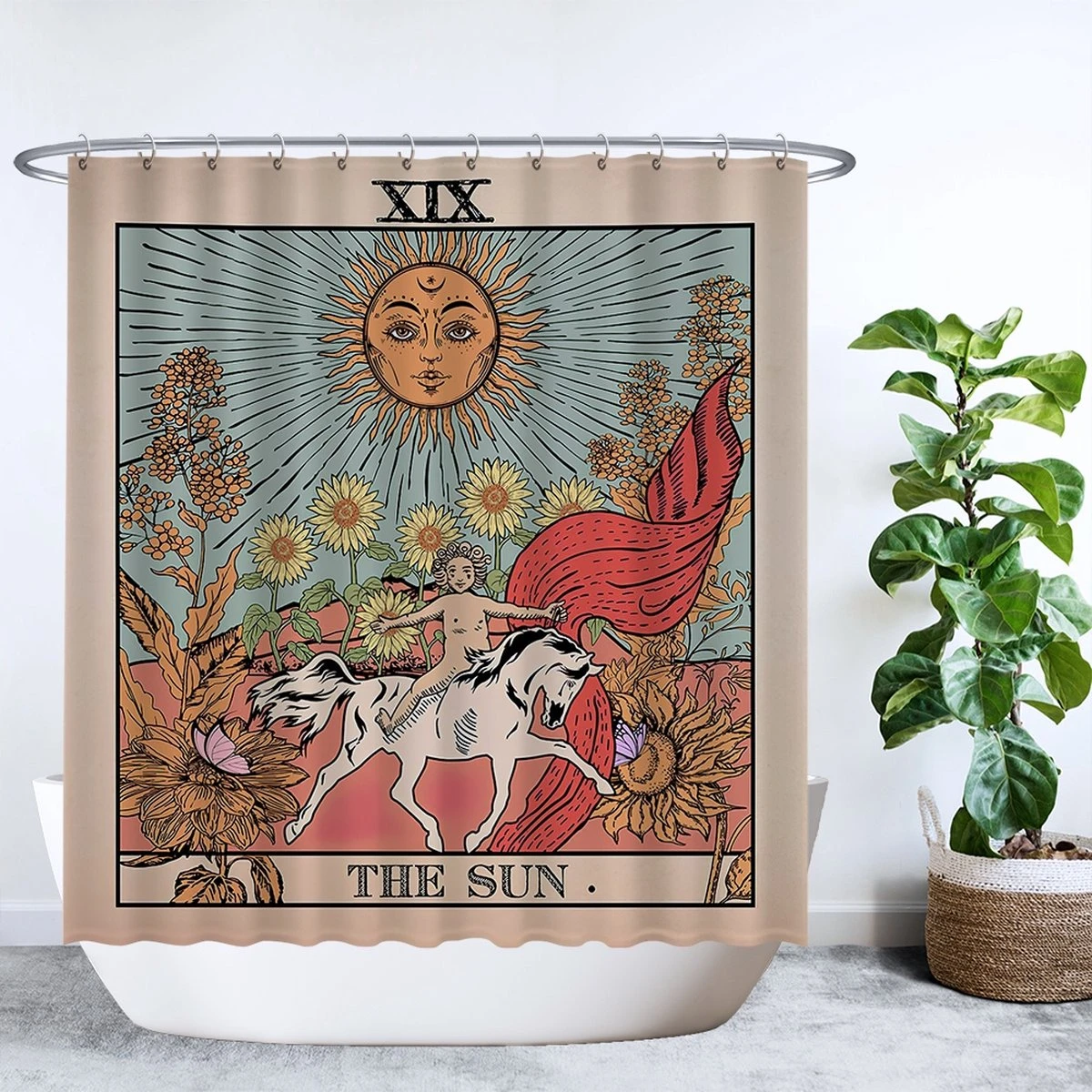 Ulticool Douchegordijn - Zon Natuur Bloemen Tarot Horoscoop Vintage Retro - 180 X 200 Cm - Semi Transparant - Met 12 Ringen Wit - Anti Schimmel - Multi Color 3 Ulticool Douchegordijn - Zon Natuur Bloemen Tarot Horoscoop Vintage Retro - 180 X 200 Cm - Semi Transparant - Met 12 Ringen Wit - Anti Schimmel - Multi Color