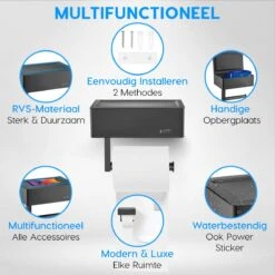 Happy Goods - WC Rolhouder Zonder Boren Zwart - Toiletrolhouder Met Plankje En Bakje RVS - Met Handdoekhaakje -Badkamer Accessoires Winkel 1200x1200 388