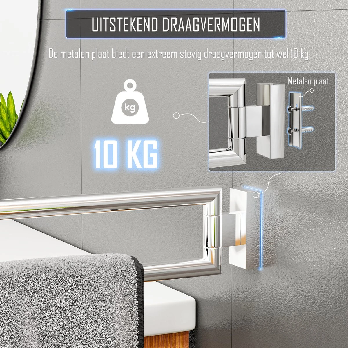 Nolad® Handdoekrek 2 Armig - Handdoekhouder - Handdoekenrek - RVS - Chroom 6 Nolad® Handdoekrek 2 Armig - Handdoekhouder - Handdoekenrek - RVS - Chroom - Afbeelding 4