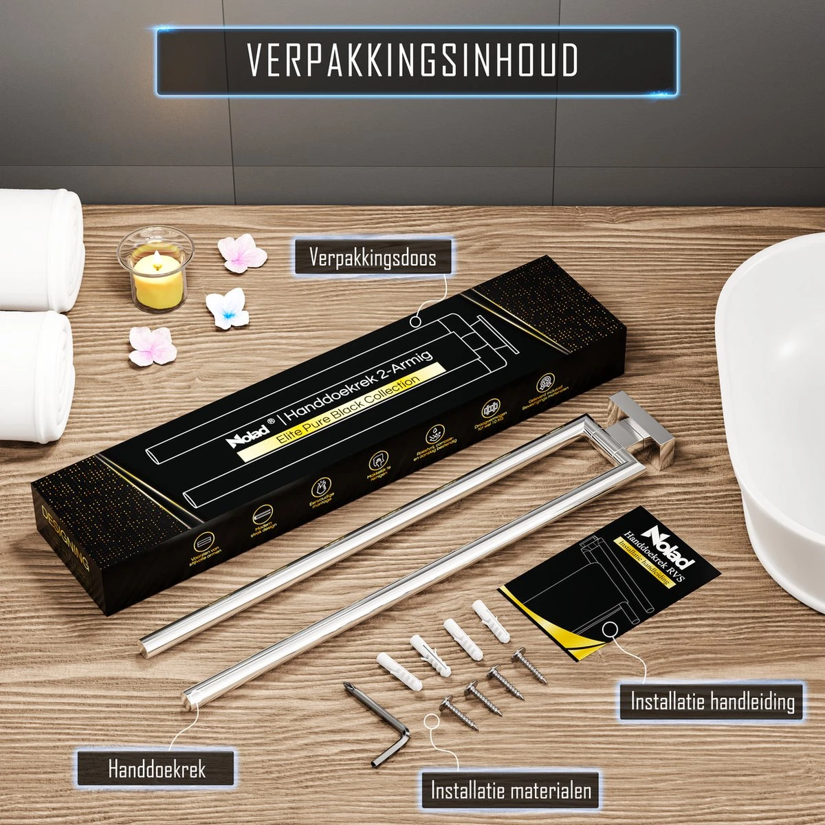 Nolad® Handdoekrek 2 Armig - Handdoekhouder - Handdoekenrek - RVS - Chroom 10 Nolad® Handdoekrek 2 Armig - Handdoekhouder - Handdoekenrek - RVS - Chroom - Afbeelding 8