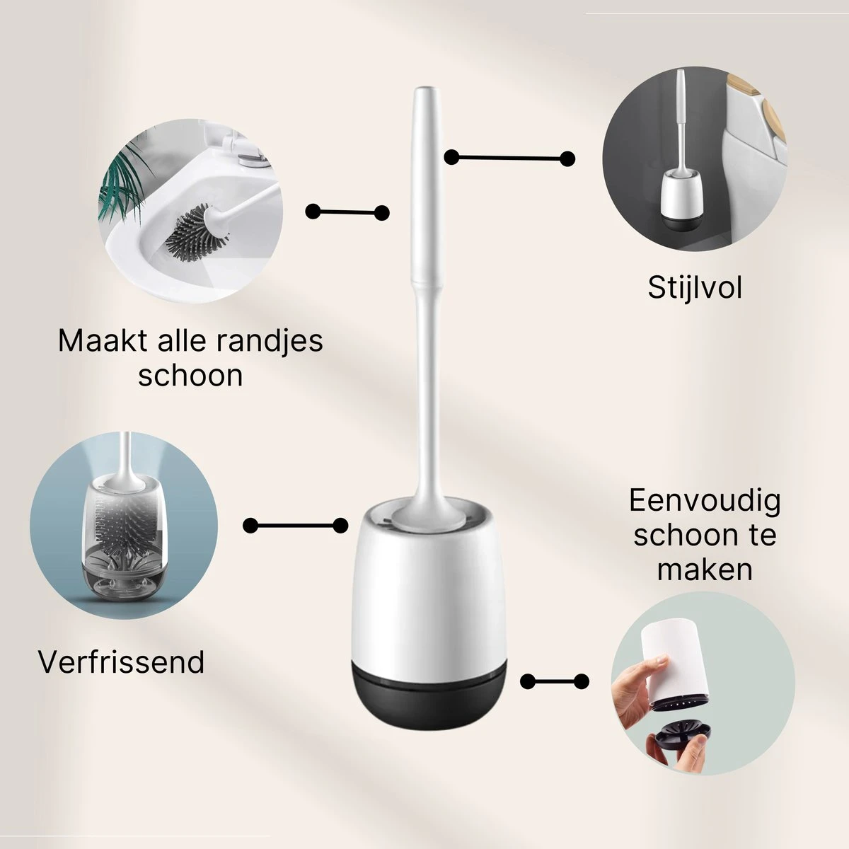 Merkloos Toiletborstel Siliconen Met Houder - Luxe WC Borstel - Vrijstaand Of Hangend - Antibacteriële Borstel Zonder Krassen - Sneldrogend - Wit Met Zwart 4 Merkloos Toiletborstel Siliconen Met Houder - Luxe WC Borstel - Vrijstaand Of Hangend - Antibacteriële Borstel Zonder Krassen - Sneldrogend - Wit Met Zwart - Afbeelding 2