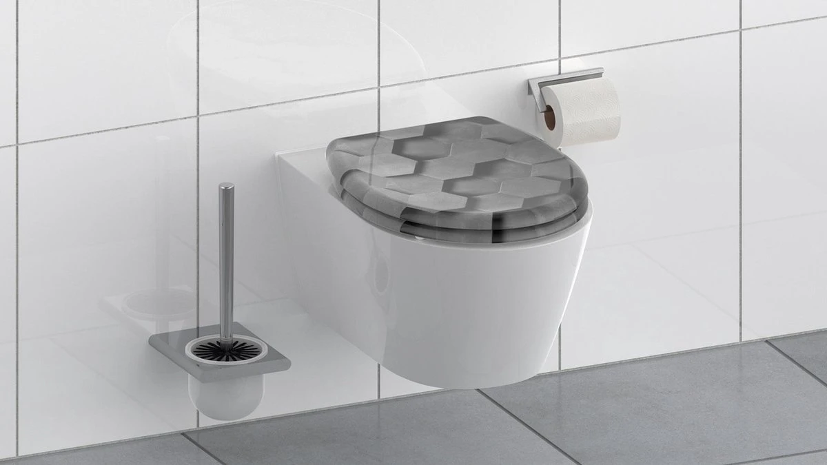 SCHÜTTE WC-Bril 82392 GREY HEXAGONS - Duroplast - Soft Close - Afklikbaar - RVS-Scharnieren - Decor - 3-zijdige Print 8 SCHÜTTE WC-Bril 82392 GREY HEXAGONS - Duroplast - Soft Close - Afklikbaar - RVS-Scharnieren - Decor - 3-zijdige Print - Afbeelding 6