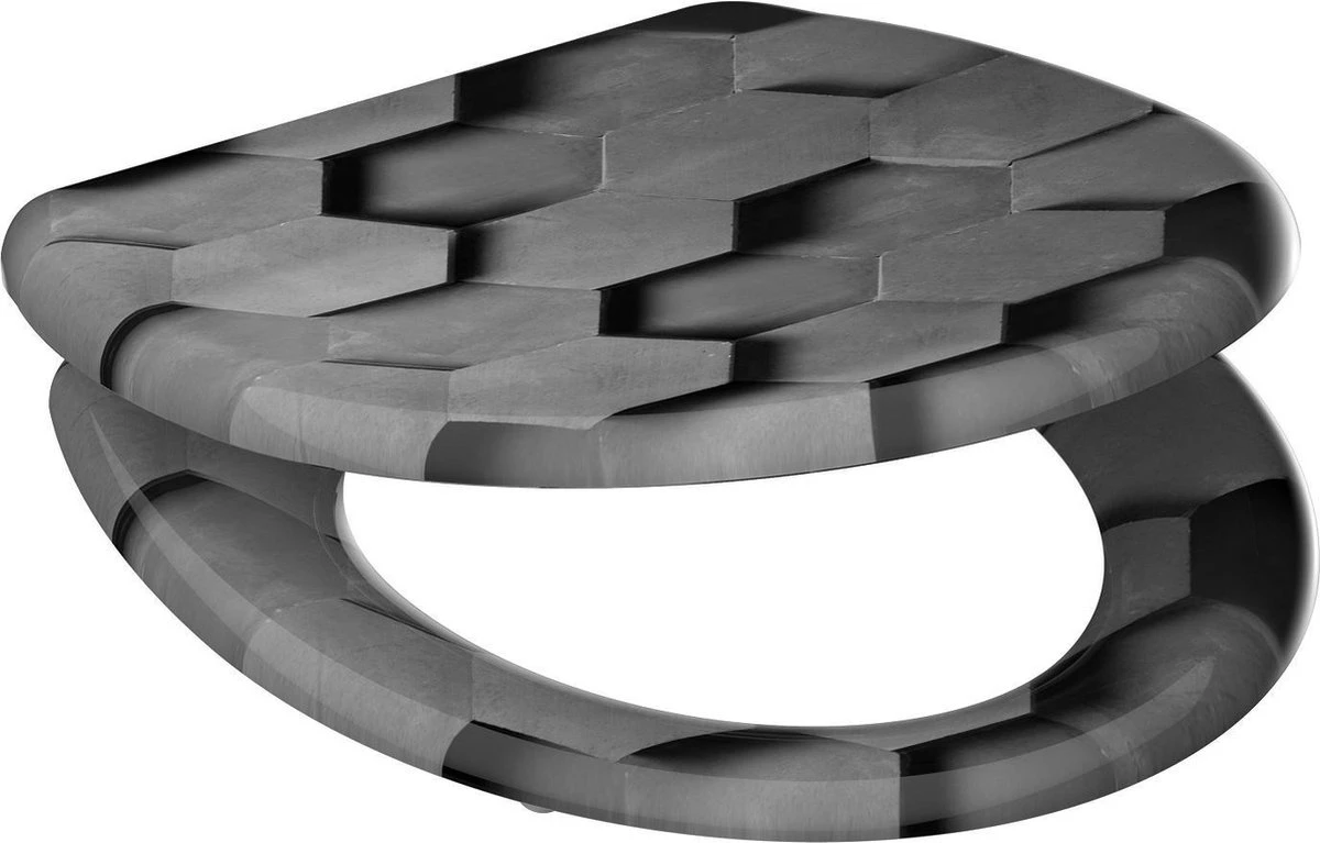 SCHÜTTE WC-Bril 82392 GREY HEXAGONS - Duroplast - Soft Close - Afklikbaar - RVS-Scharnieren - Decor - 3-zijdige Print 5 SCHÜTTE WC-Bril 82392 GREY HEXAGONS - Duroplast - Soft Close - Afklikbaar - RVS-Scharnieren - Decor - 3-zijdige Print - Afbeelding 3