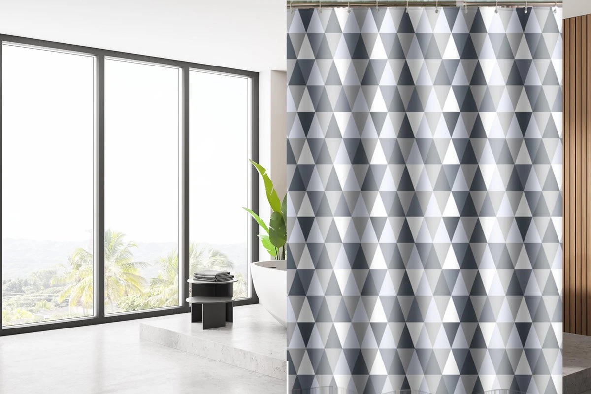 Su.B.dgn Douchegordijn 120x180 Anti Schimmel Polyester Badkamer Douchegordijn Wasbaar Met 12 Ringen | Grijs Driehoek 4 Su.B.dgn Douchegordijn 120x180 Anti Schimmel Polyester Badkamer Douchegordijn Wasbaar Met 12 Ringen | Grijs Driehoek - Afbeelding 2