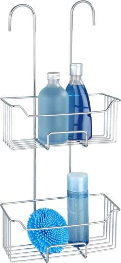 WENKO Doucherek Milo 2-laags 25x55cm RVS Glanzend - Doucherek Zonder Boren - Doucherek Hangend -Badkamer Accessoires Winkel 553x1200