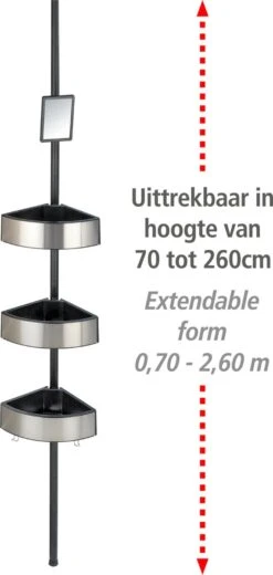 WENKO Telescopisch Doucherek Big Black 3-laags Met Spiegel Zilver/zwart - Bevestigen Zonder Boren -Badkamer Accessoires Winkel 570x1200