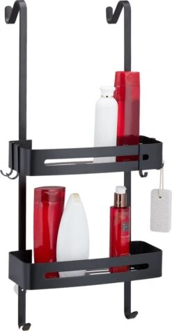 SIAFOSS Doucherek XL Zonder Boren Doucherek Hangend - 100% Stevig - 100% RVS - Hangend Badkamerrekje - Doucherek Aan Douchewand - Badkamer Accessoires - RVS Zwart - 2 Laags - Douchemand