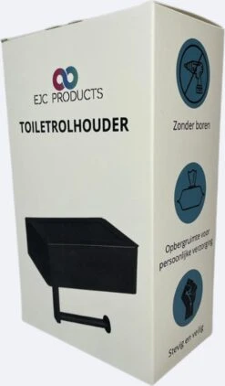 WC Rolhouder - Toiletrolhouder - Zwart - RVS - Zonder Boren - Met Plankje & Bakje - Inclusief Montagemateriaal - Toilet Accessoires - EJC Products -Badkamer Accessoires Winkel 702x1200