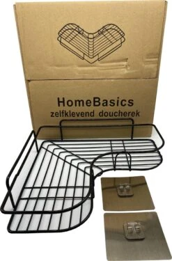 HomeBasics Zelfklevend Doucherek | Zwart | Zonder Boren | Doucherek Met Zuignap | Zuignappen | Doucherek Hoek | Badrek | Douchemandje | Keukenrek | Specerijenrek | Kruidenrek -Badkamer Accessoires Winkel 790x1200 3