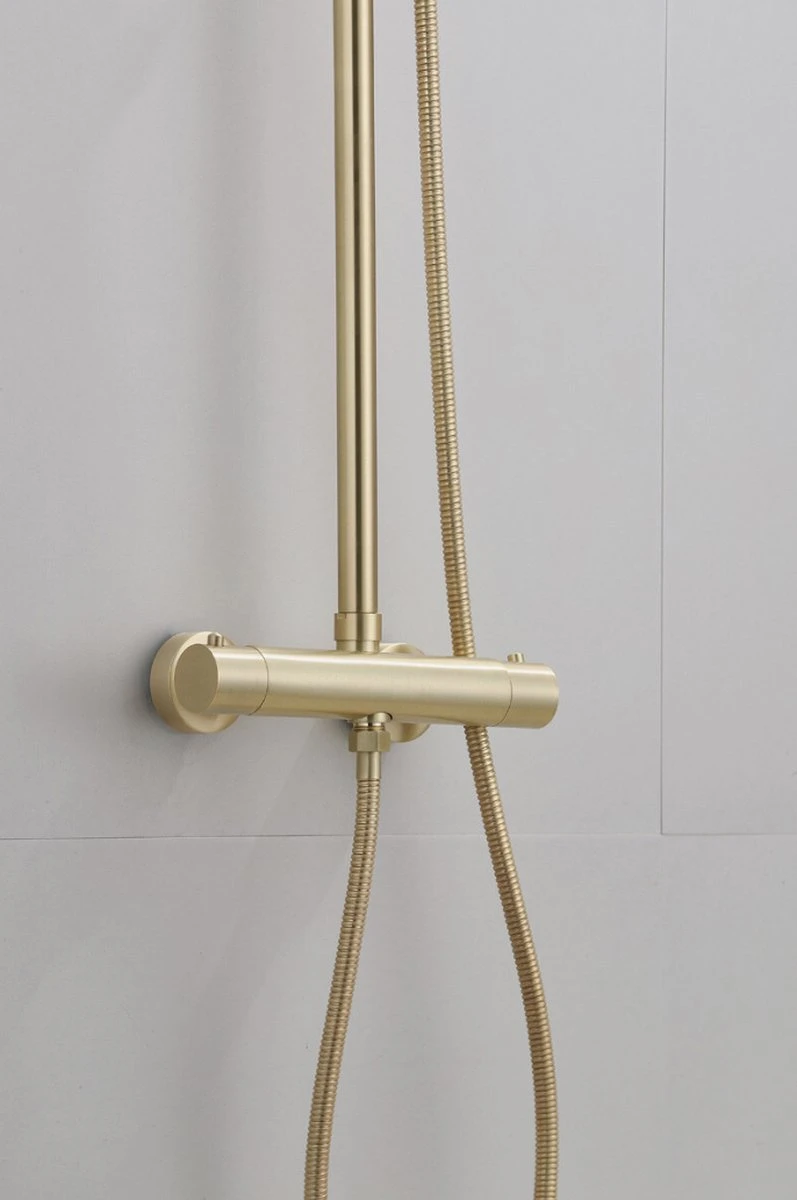 Wesseling & Bos Doucheset - Regendouche Mat Goud Geborsteld - Doucheset Met Thermostaatkraan - Atlanta 4 Wesseling & Bos Doucheset - Regendouche Mat Goud Geborsteld - Doucheset Met Thermostaatkraan - Atlanta - Afbeelding 2