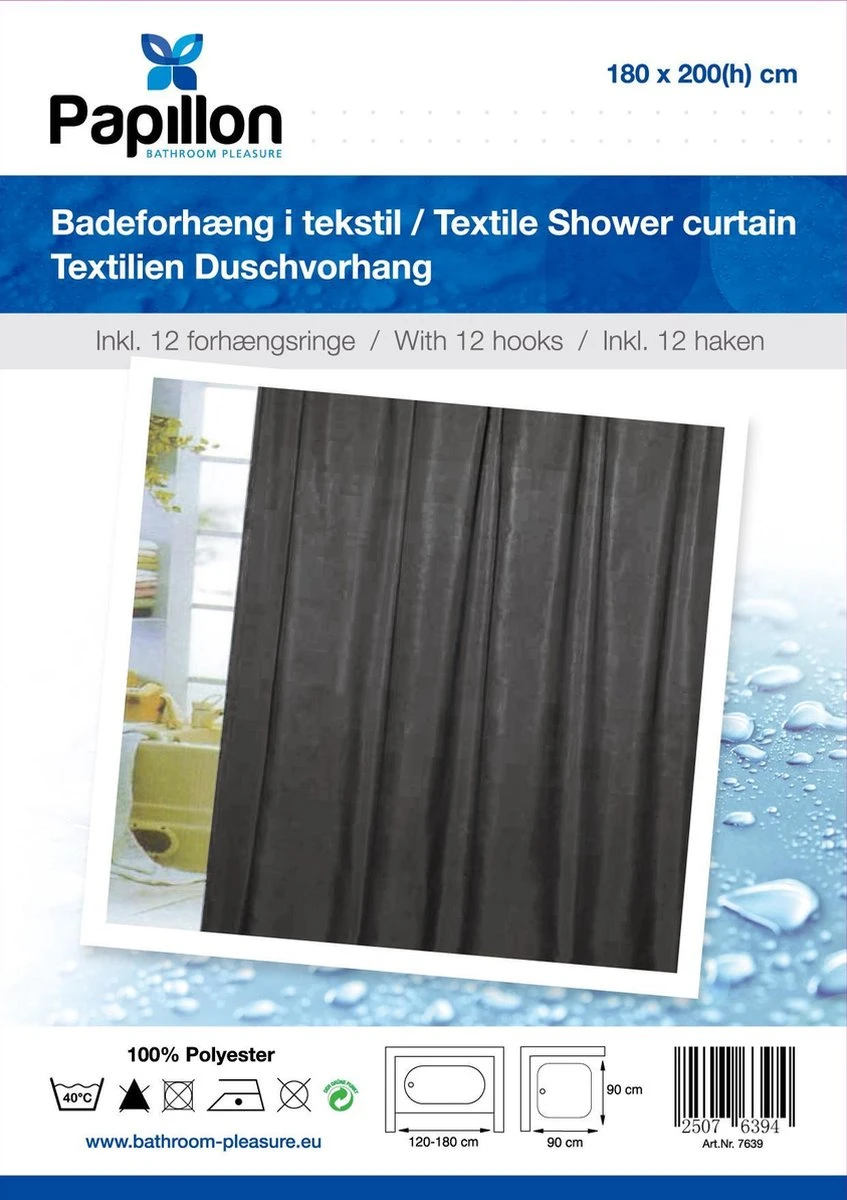 Papillon Douchegordijn Textiel - Schimmelvrij - 180x200 – Antraciet 4 Papillon Douchegordijn Textiel - Schimmelvrij - 180x200 – Antraciet - Afbeelding 2